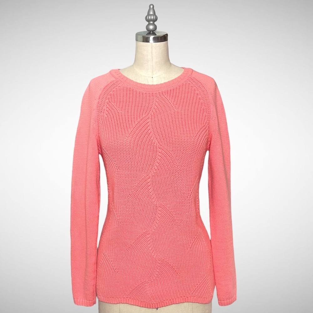 Talbots Pointelle Raglan Crew Neck Knit Sweater Salmon Rose Pink Coral XS - Picture 2 of 10